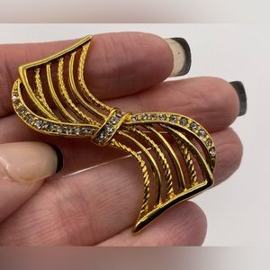 Rhinestone Bow Ribbon Brooch Pin Geometric Shaped Curved Line Vintage